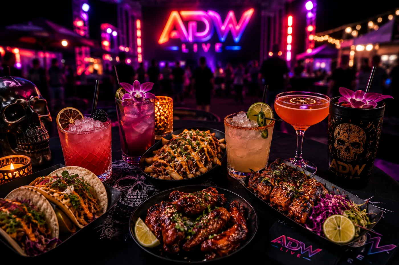 Food and drinks under the neon sign