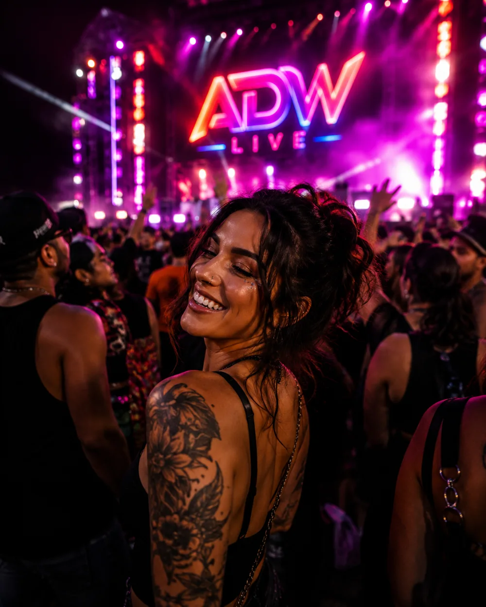 Woman smiling in the crowd