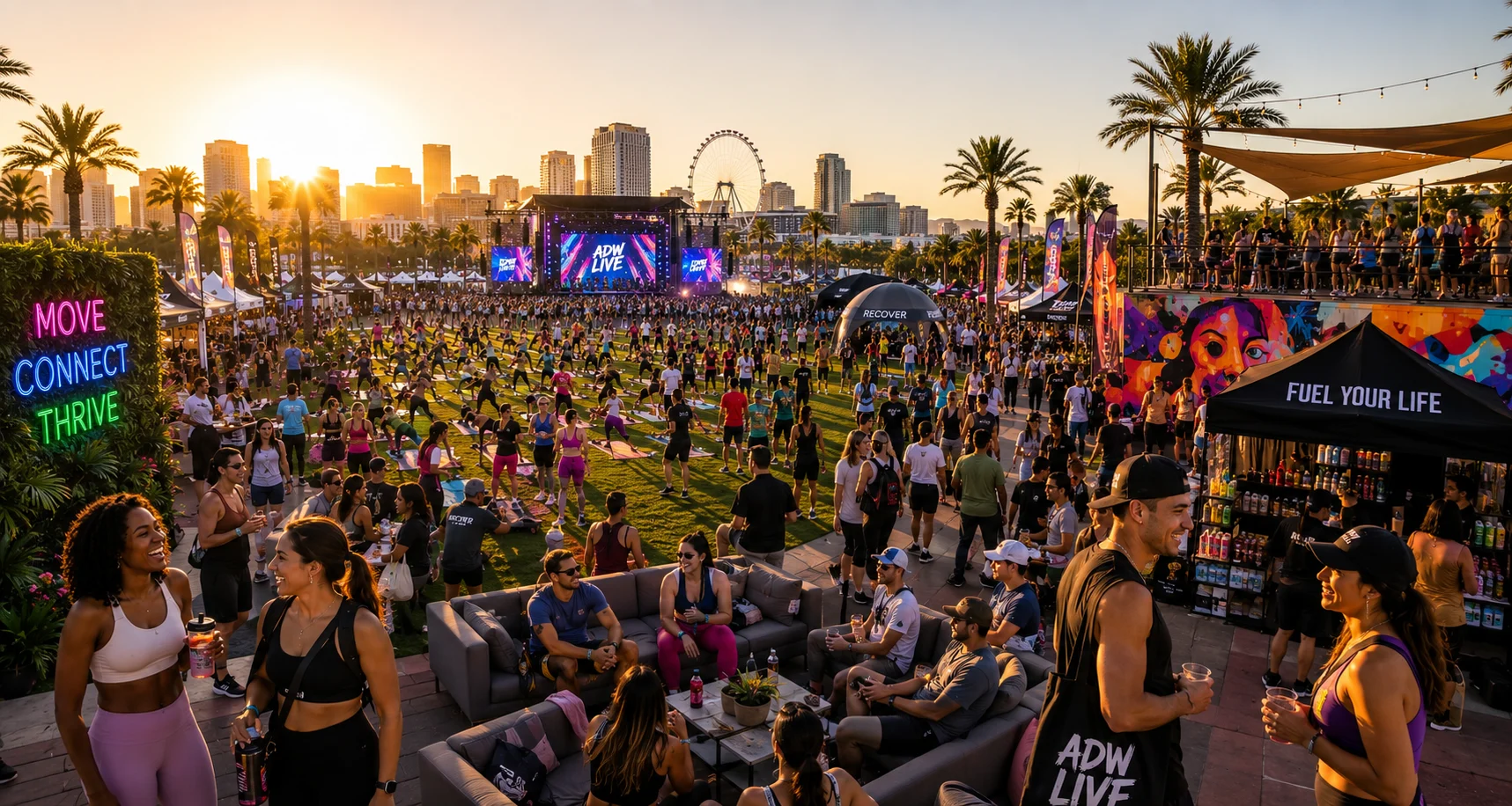 Thousands on the ADW LIVE lawn for movement, recovery and community at golden hour
