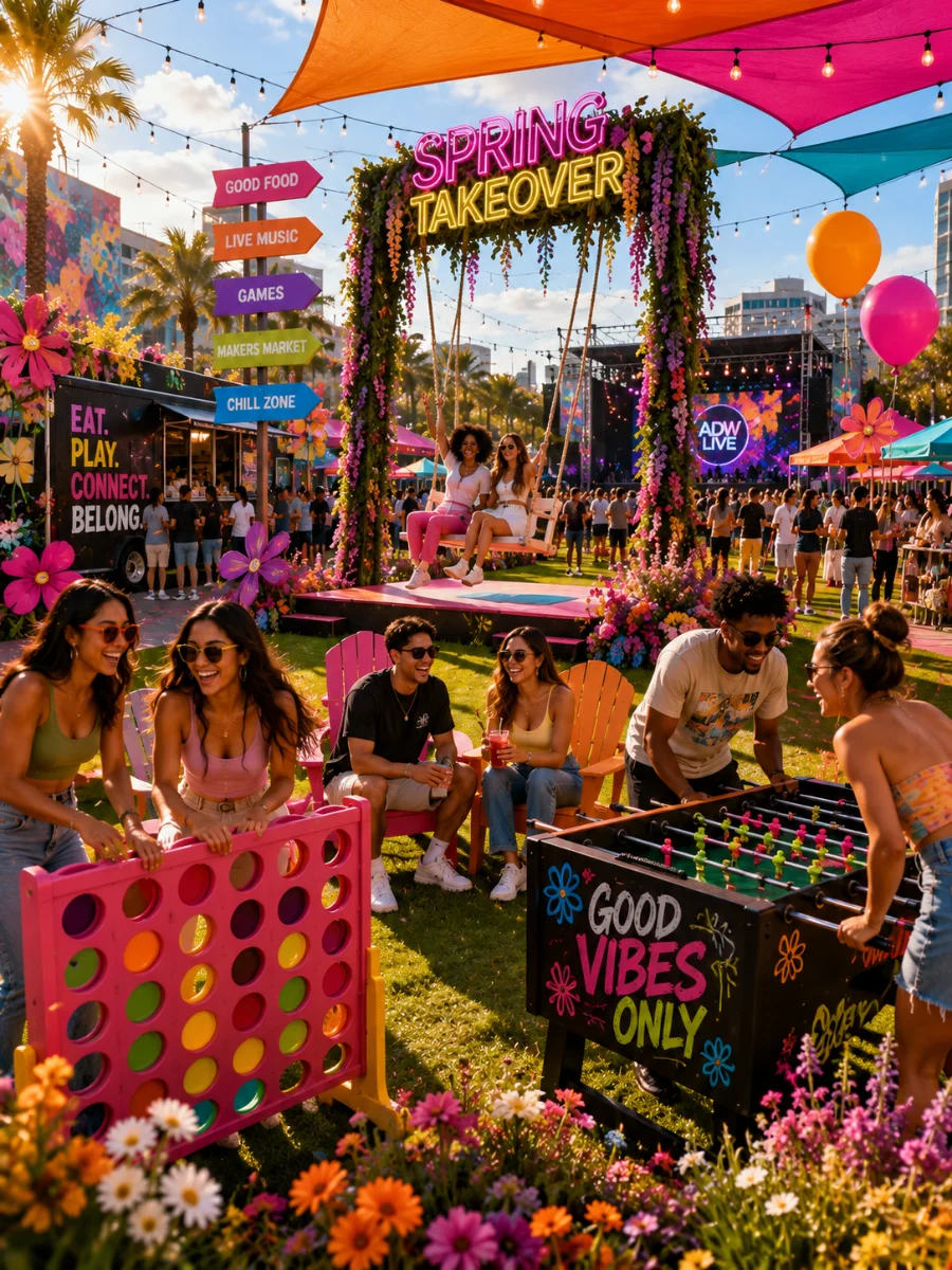 Giant Connect Four and foosball under the Spring Takeover arch