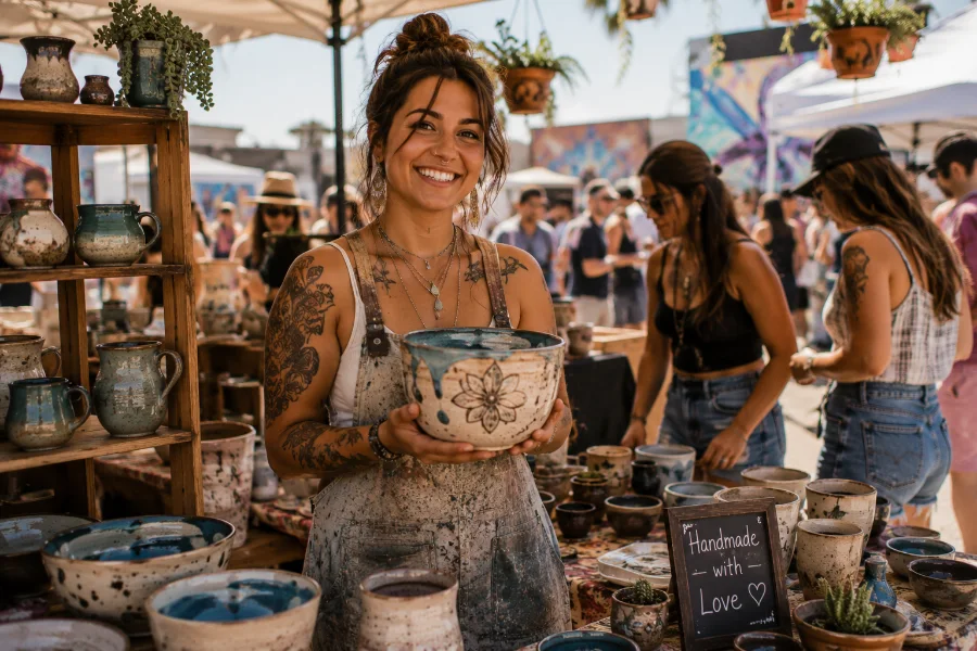 A local potter at her market booth