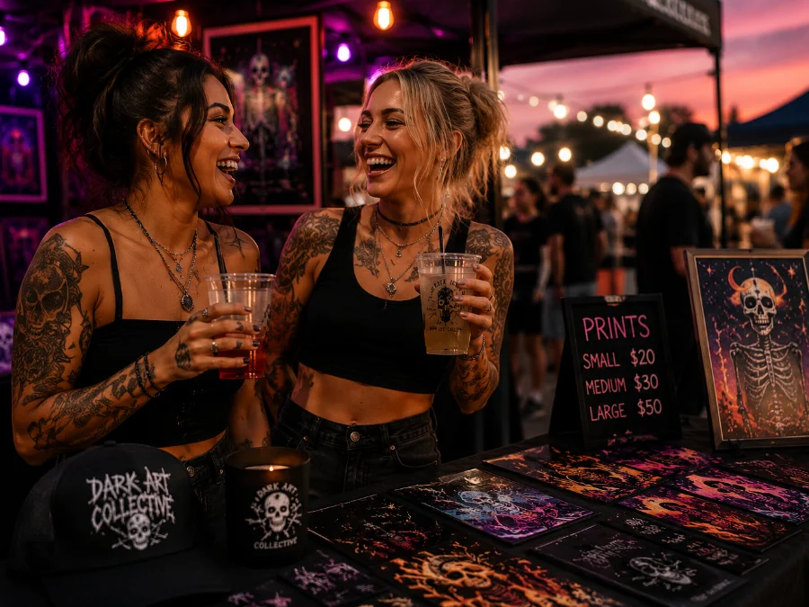 Friends laughing together at a vendor booth