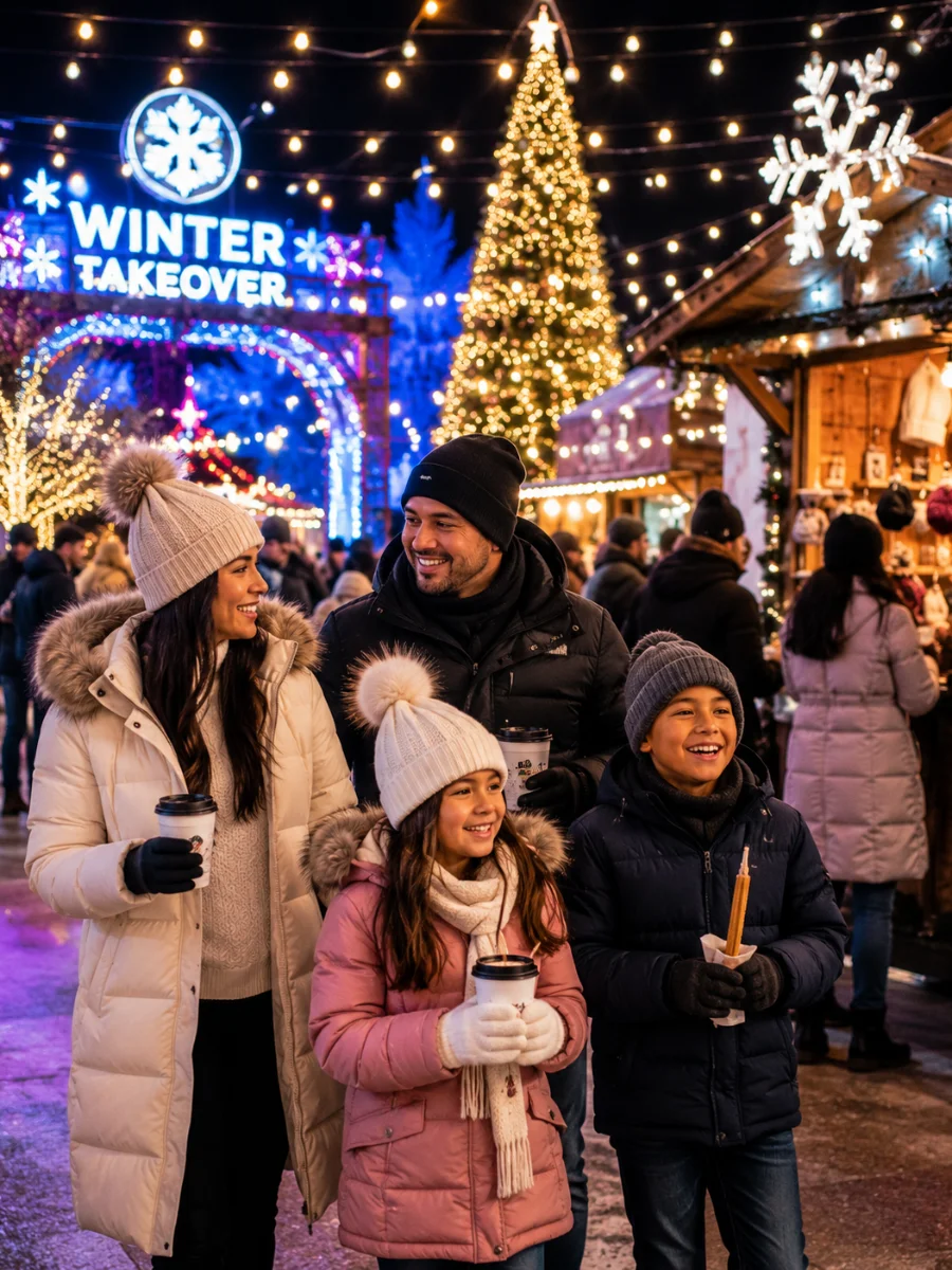 A family with hot drinks at Winter Takeover